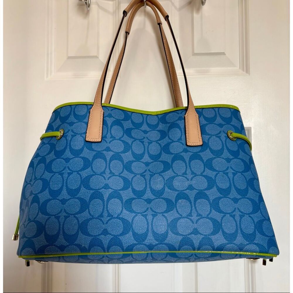 COACH  - Signature Stripe Drawstring Carryall Bag in Blue w/Lime Green Trim - Picture 3 of 14